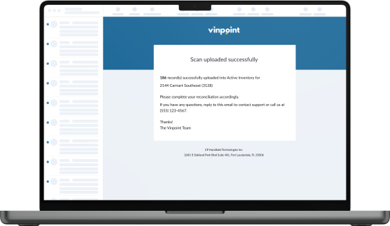Computer screen displaying a Vinpoint scan upload success screen